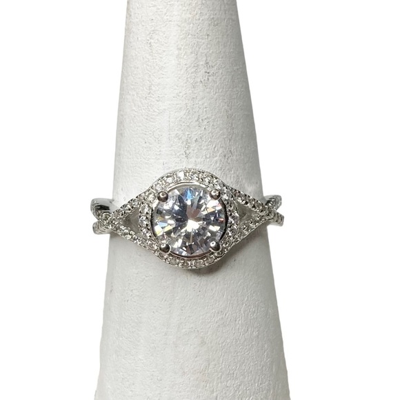 Sterling 925 Silver Round CZ & .10 Ct Diamond Accent Engagement Promise Ring 8 - Picture 1 of 13